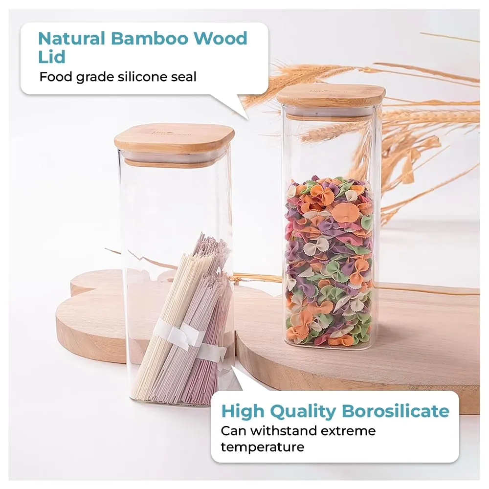 The Better Home Pack of 2 Borosilicate Glass Jars with Bamboo Lid I Rectangular Transparent Airtight Borosilicate Kitchen Containers Set | Glass Jars for Cookies Snacks Tea Coffee Sugar | 600 ml Each
