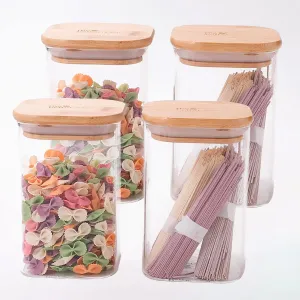 The Better Home Pack of 2 Borosilicate Glass Jars with Bamboo Lid I Rectangular Transparent Airtight Borosilicate Kitchen Containers Set | Glass Jars for Cookies Snacks Tea Coffee Sugar | 600 ml Each