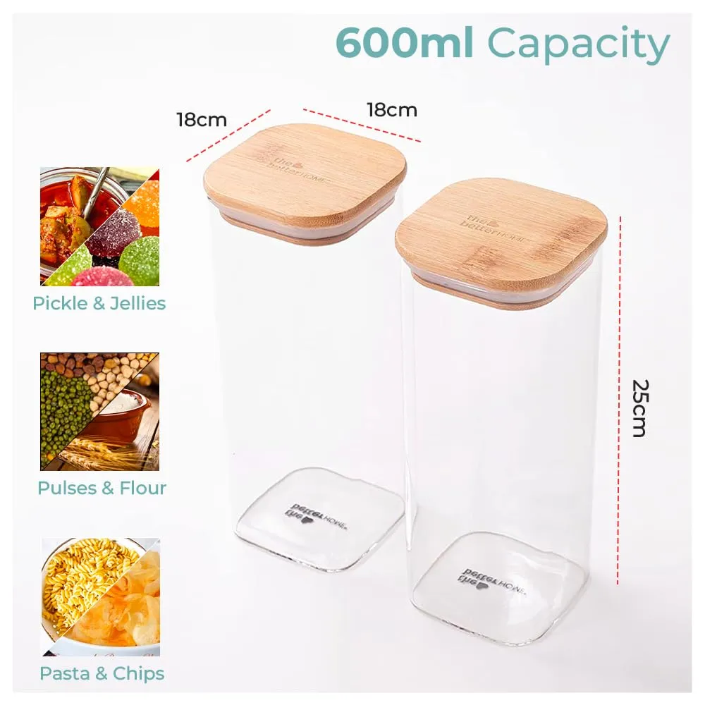 The Better Home Pack of 2 Borosilicate Glass Jars with Bamboo Lid I Rectangular Transparent Airtight Borosilicate Kitchen Containers Set | Glass Jars for Cookies Snacks Tea Coffee Sugar | 600 ml Each