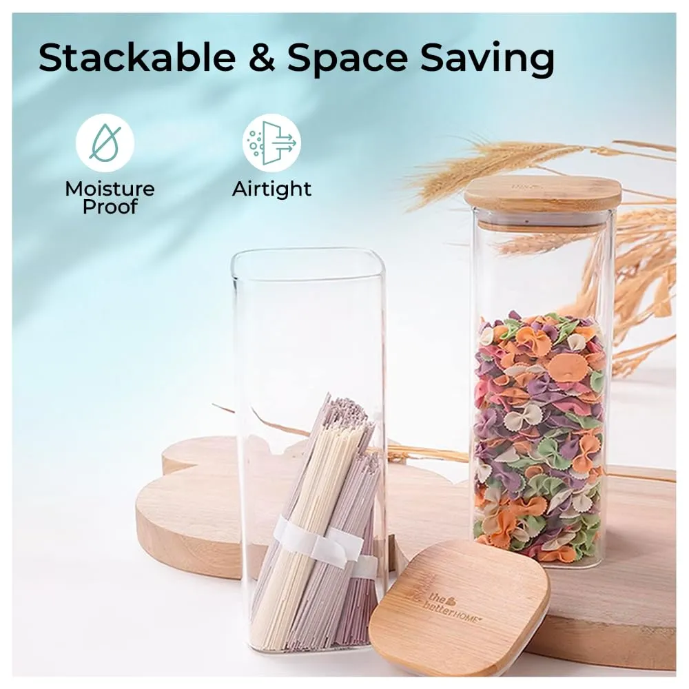 The Better Home Pack of 2 Borosilicate Glass Jars with Bamboo Lid I Rectangular Transparent Airtight Borosilicate Kitchen Containers Set | Glass Jars for Cookies Snacks Tea Coffee Sugar | 600 ml Each