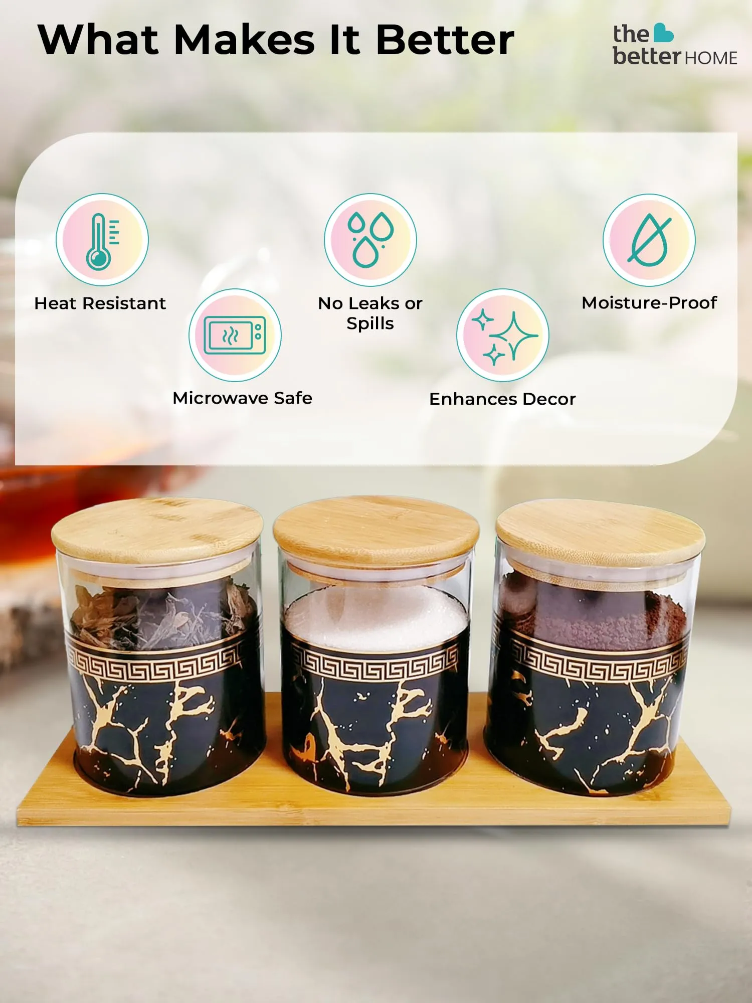 The Better Home Pack of 3 Kitchen Organizer Borosilicate Jars with Bamboo Lid & Tray | 350 ml Each | Glass Jars for Cookies, Spices, Snacks, Tea, Coffee, Sugar | BPA Free | Green