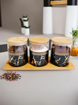 The Better Home Pack of 3 Kitchen Organizer Borosilicate Jars with Bamboo Lid & Tray | 350 ml Each | Glass Jars for Cookies, Spices, Snacks, Tea, Coffee, Sugar | BPA Free | Green