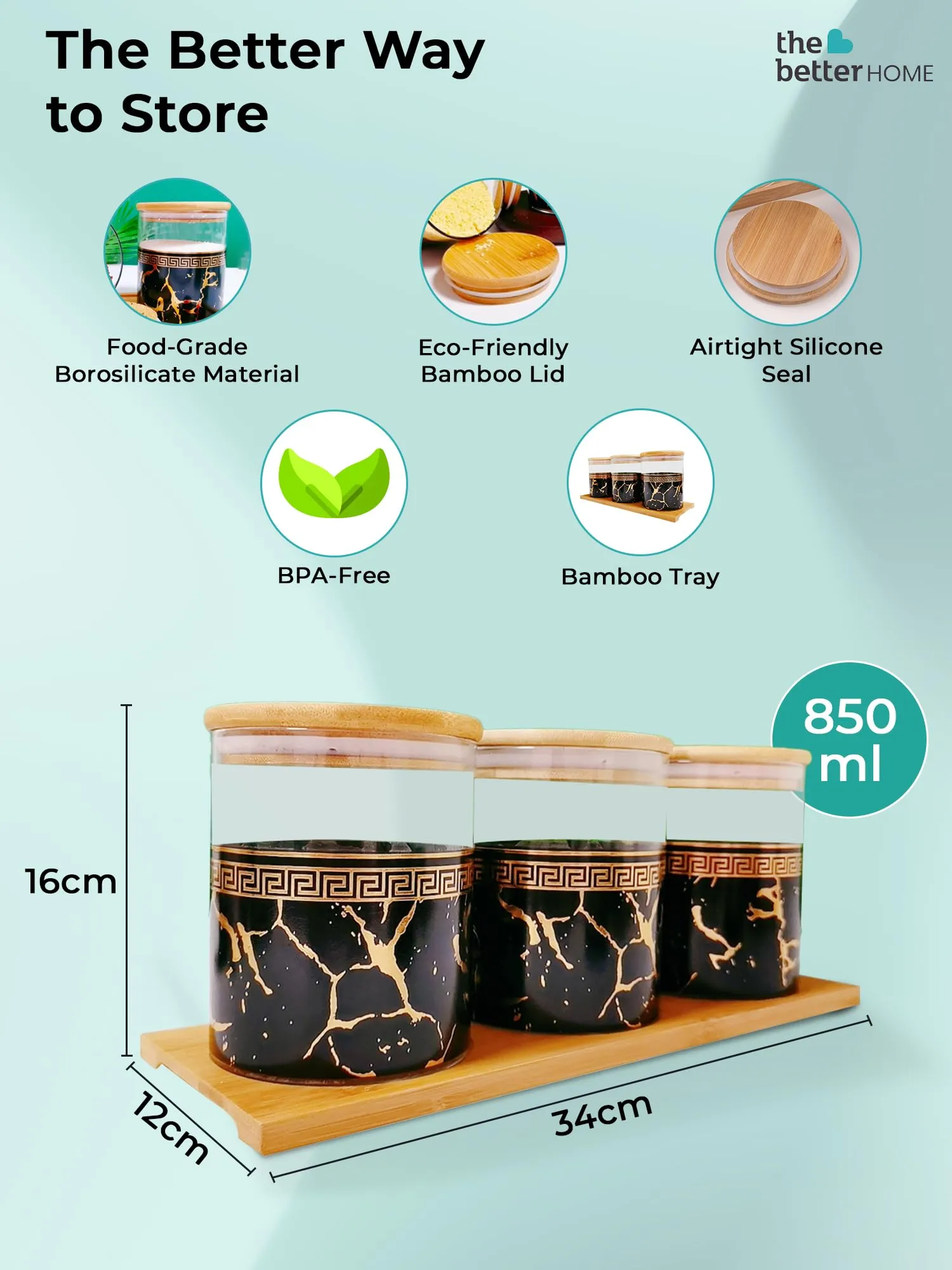 The Better Home Pack of 3 Kitchen Organizer Borosilicate Jars with Bamboo Lid & Tray | 350 ml Each | Glass Jars for Cookies, Spices, Snacks, Tea, Coffee, Sugar | BPA Free | Green