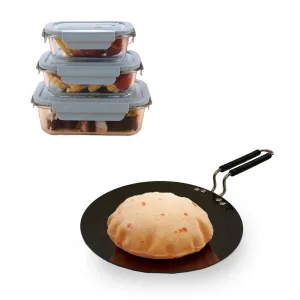 The Better Home Tall Jars 1000ml (Pack of 6) | Food Jars & Containers|Food Storage For Kitchen & SAVYA HOME 3mm HA Roti Tawa-25cm |Pack and Store Combo (3 Containers (Blue)   Tawa)