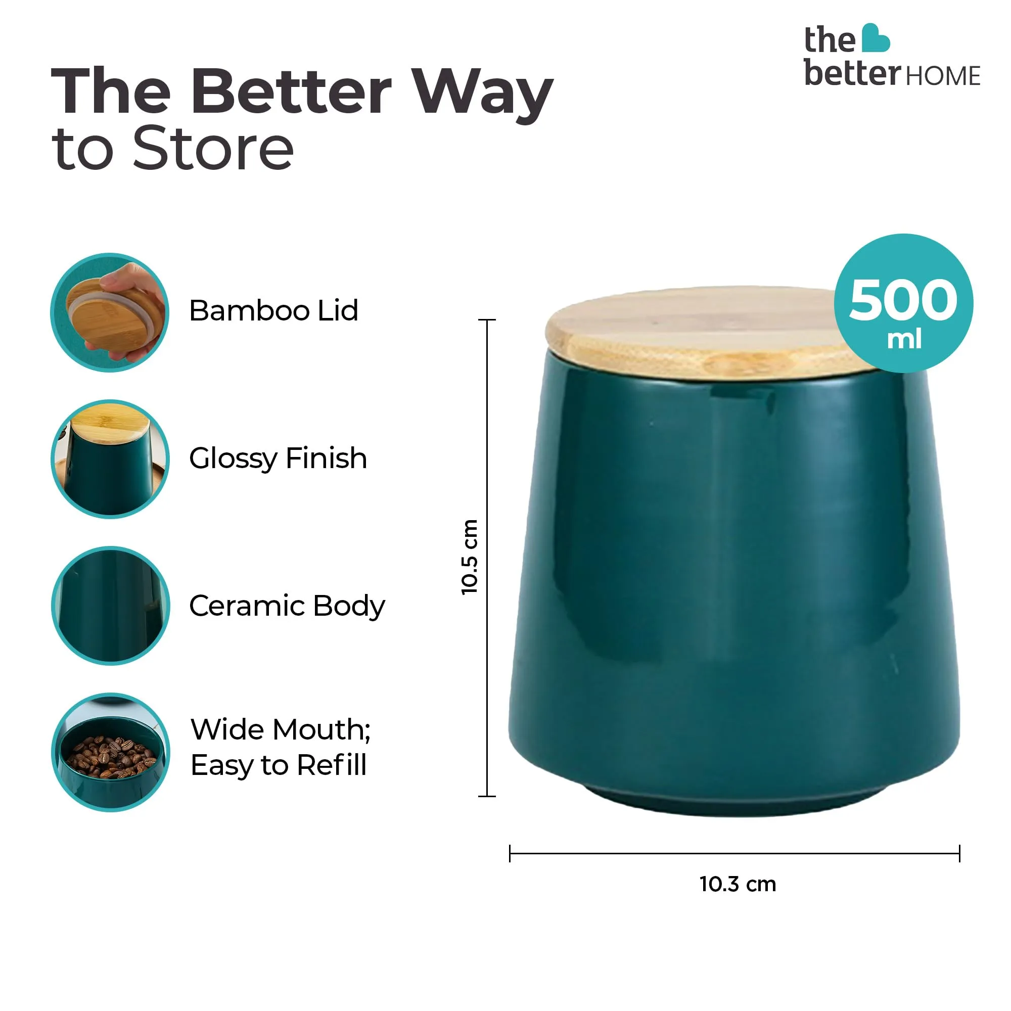 The Better Home Terra Series Ceramic Airtight Container For Kitchen Storage (1Pcs - 500ml)| Storage Box For Kitchen | Dabba Set For Kitchen | Pantry Organizers & Storage |Gift For Housewarming (Green)