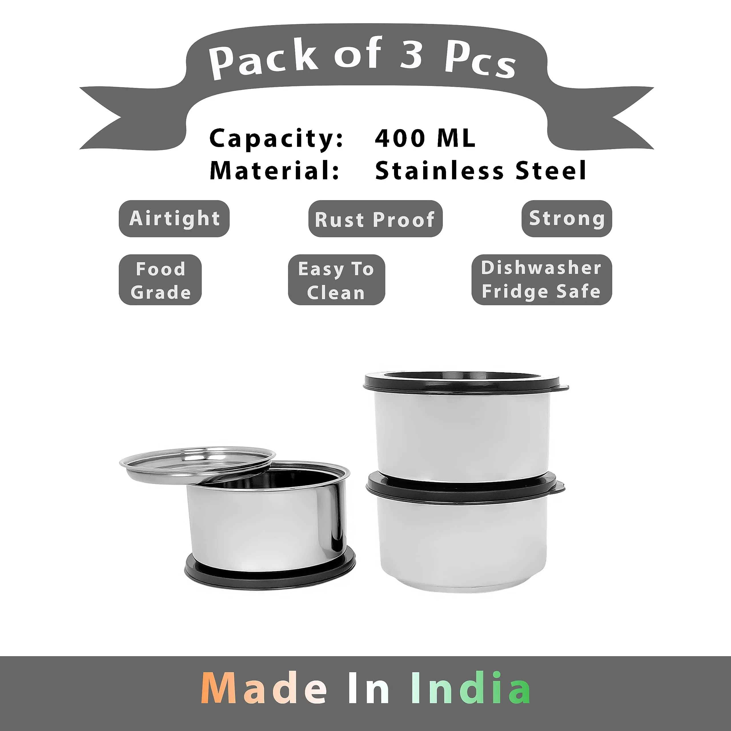 Zaib Premium Stainless Steel Double Wall Leak Proof Containers | Steel Container for Lunch Capacity: 400 ML (Pack of 3)